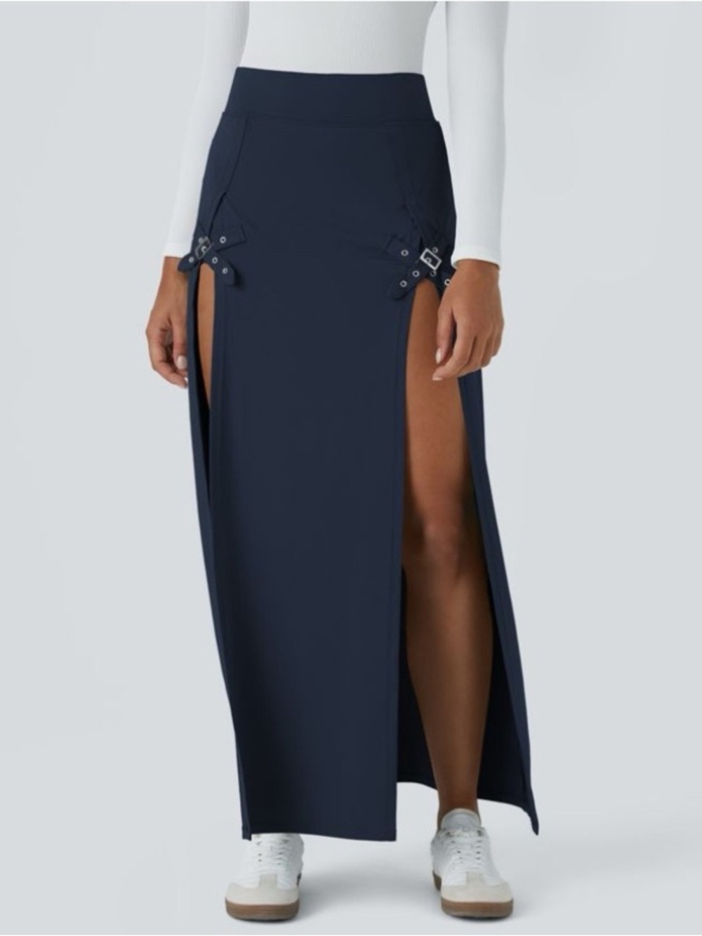 NWOT. Halara. High Waisted Decorative Buckle Split 2-in-1 Maxi Skirt. Navy. med